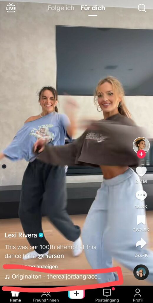 Bild mit Kennzeichnung, wo man auf TikTok den Namen des Songs findet