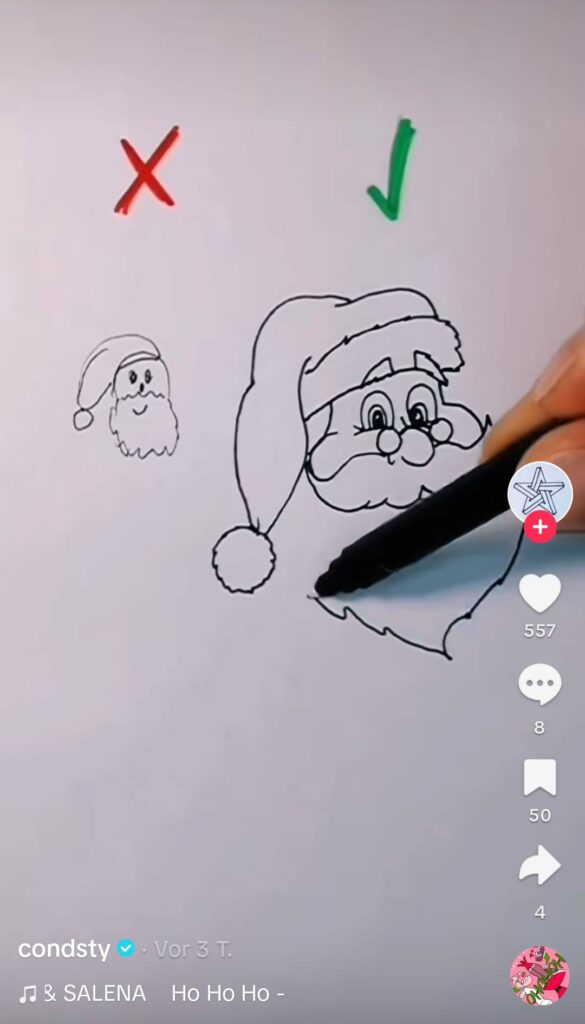 Bild von TikTok Kanal Consty zu sehen ein Tutorial zur Zeichnung vom Weihnachtsmann