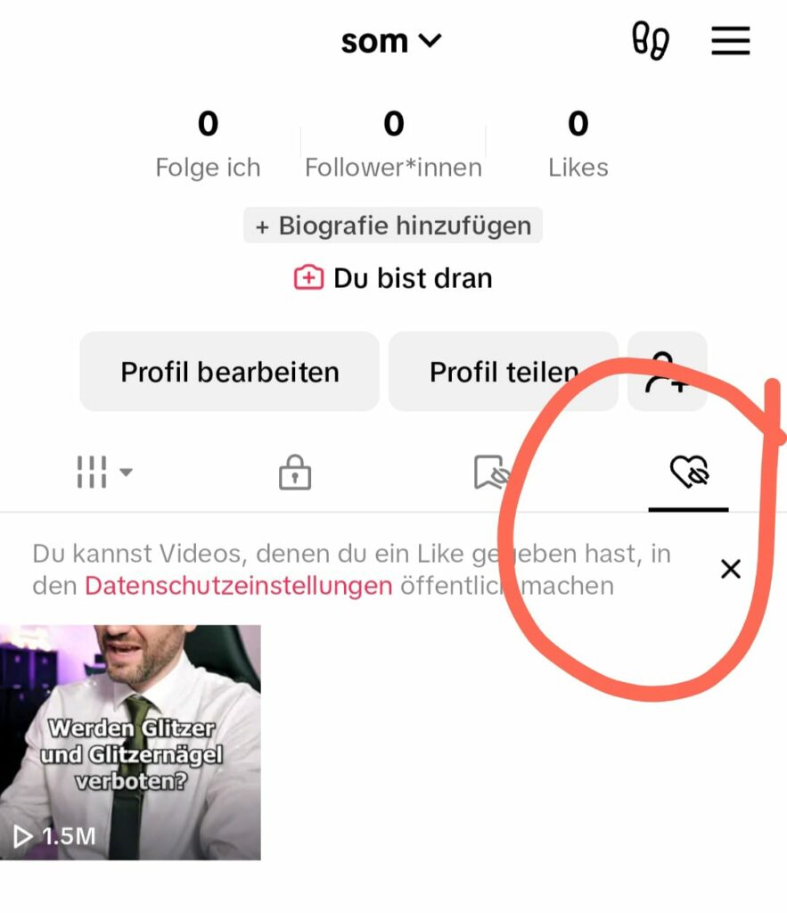 Bild aus der TikTOk app zeigt wo man klicken muss um Likes zu sehen